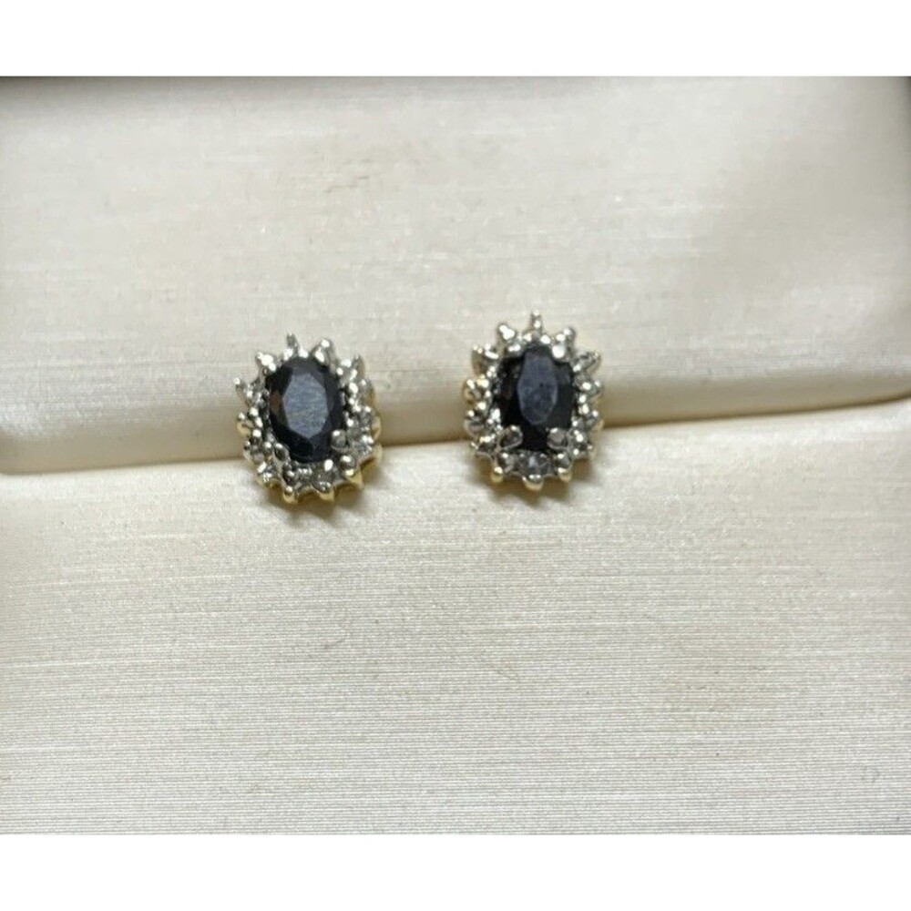 DBJ 925 Sterling Silver Dark Blue Sapphire Earrings Diamond Accent Stud